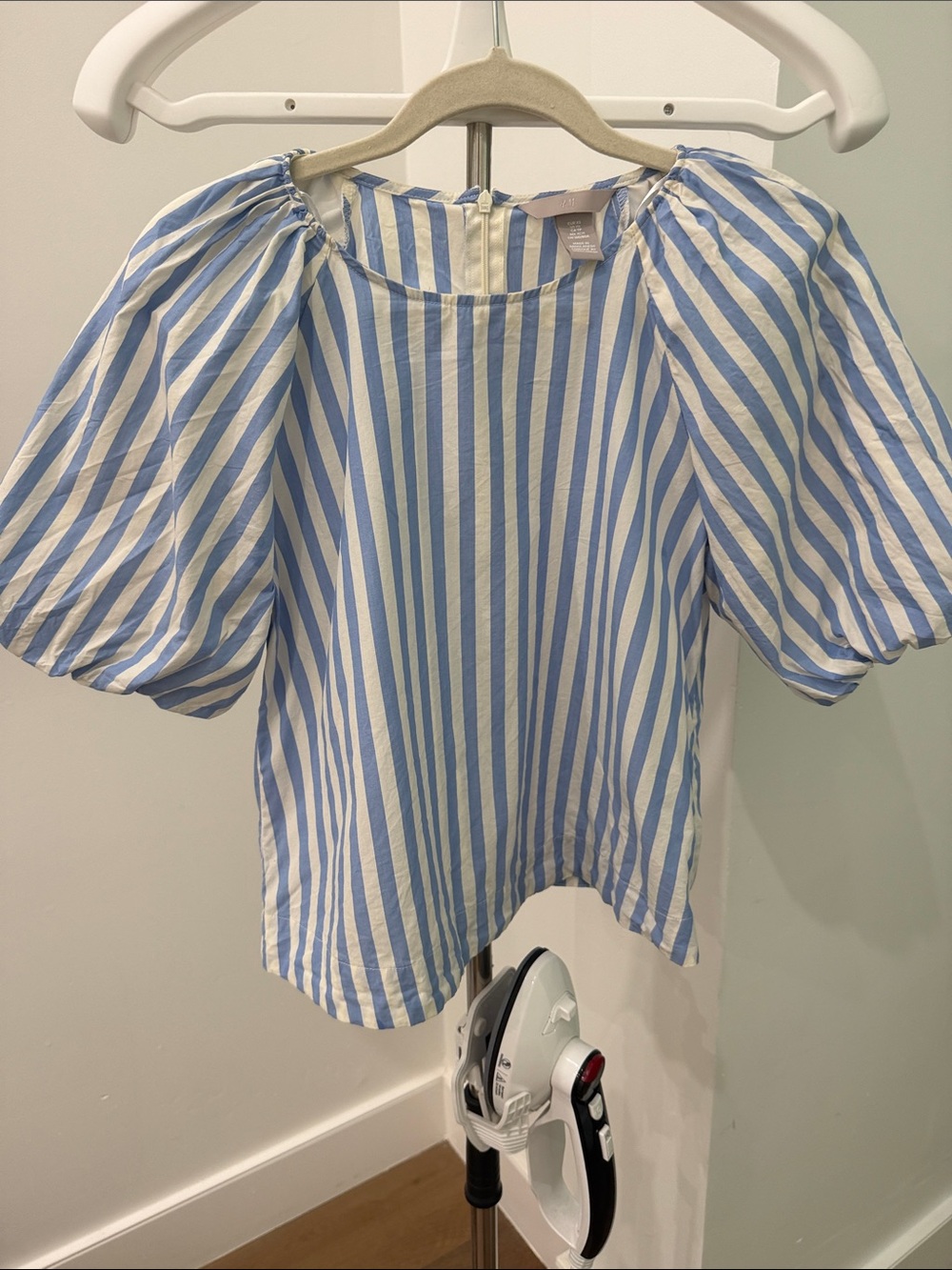 H&M Blue and White Vertical Stripe Puff-Sleeve Blouse